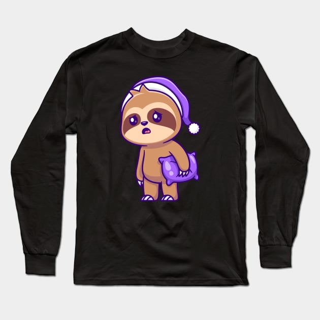 Cute Sloth Sleepy Holding Pillow Cartoon Long Sleeve T-Shirt by Catalyst Labs